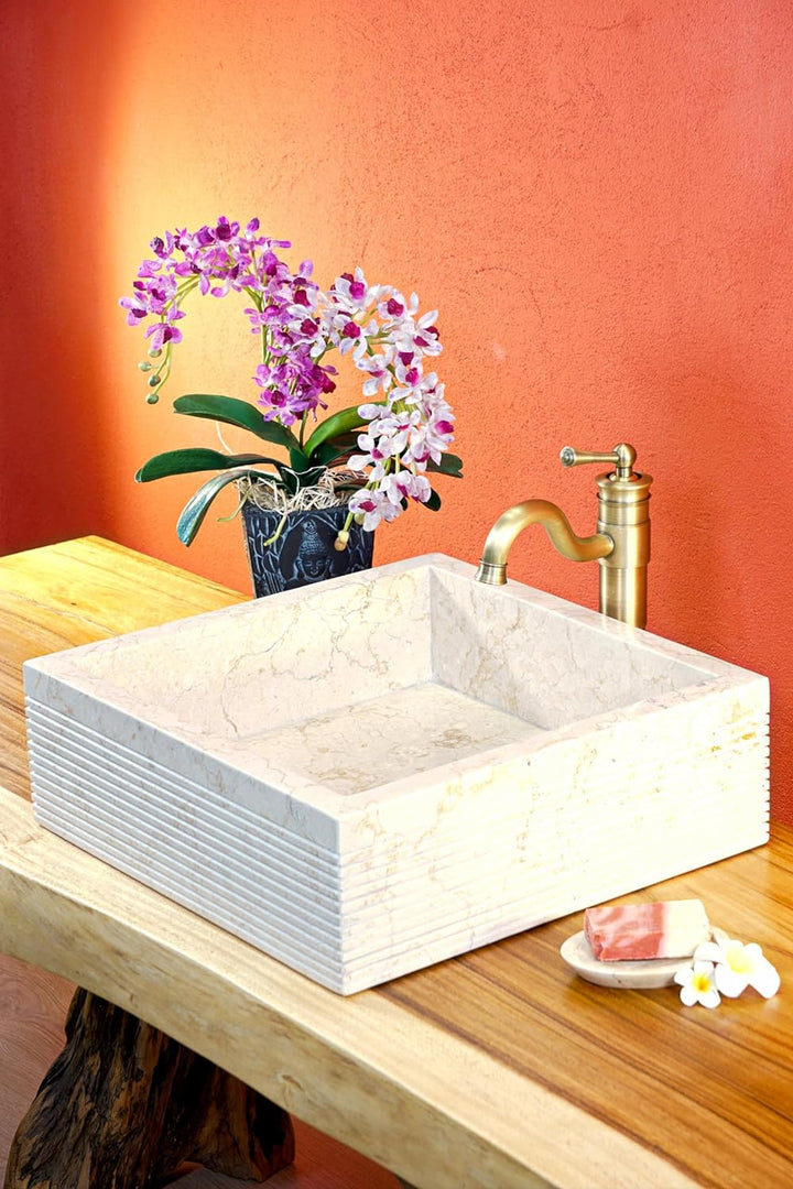 Kinaree Naturstein Waschbecken Heller Marmor - 45x45 cm Aufsatz Waschschale - Heller Marmor Aufsatzw