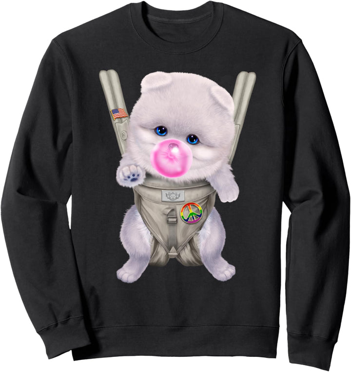 Weisser pommerscher Hund mit Kaugummi in der Babytrage Sweatshirt
