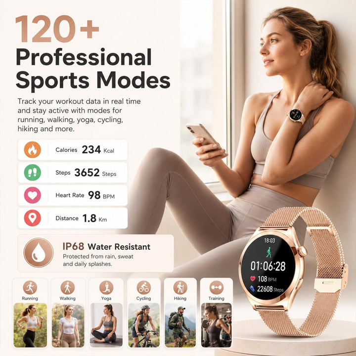 Smartwatch Damen mit Telefonfunktion, 1,27" HD Fitnessuhr mit 110+ Sportmodi, Herzfrequenz Schlafmon
