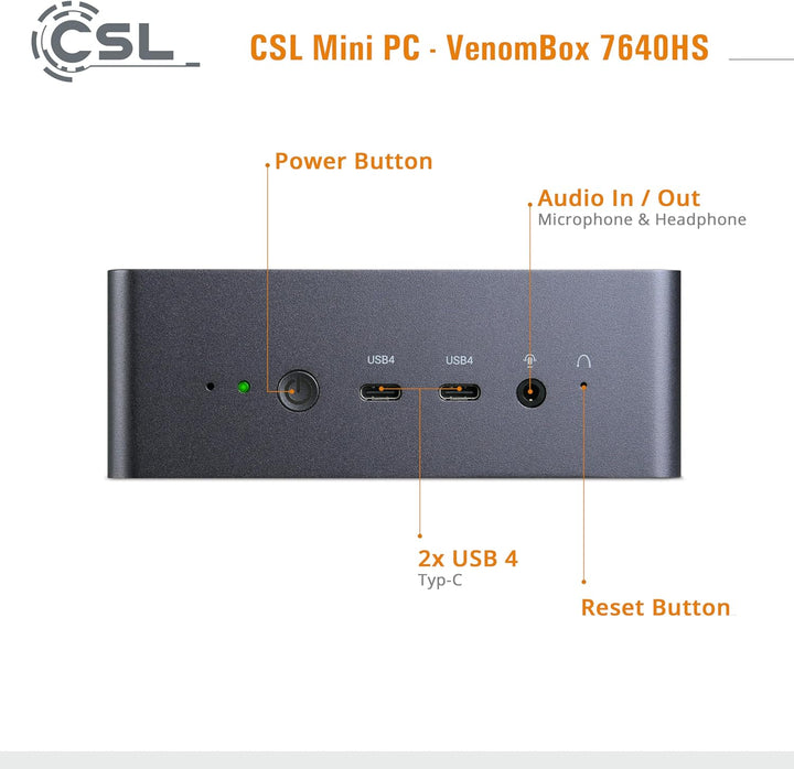 Mini PC CSL VenomBox 7640HS Windows 11 Pro, AMD Ryzen 5 7640HS 6X 4300 MHz, 2000 GB M.2 SSD, 96 GB D