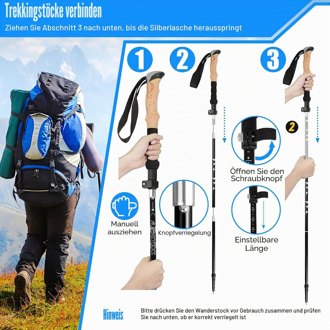 Wanderstöcke, Faltbar, Teleskopstöcke (110-130 cm), Ultraleichte Alu Trekkingstöcke oder Carbon, Wal