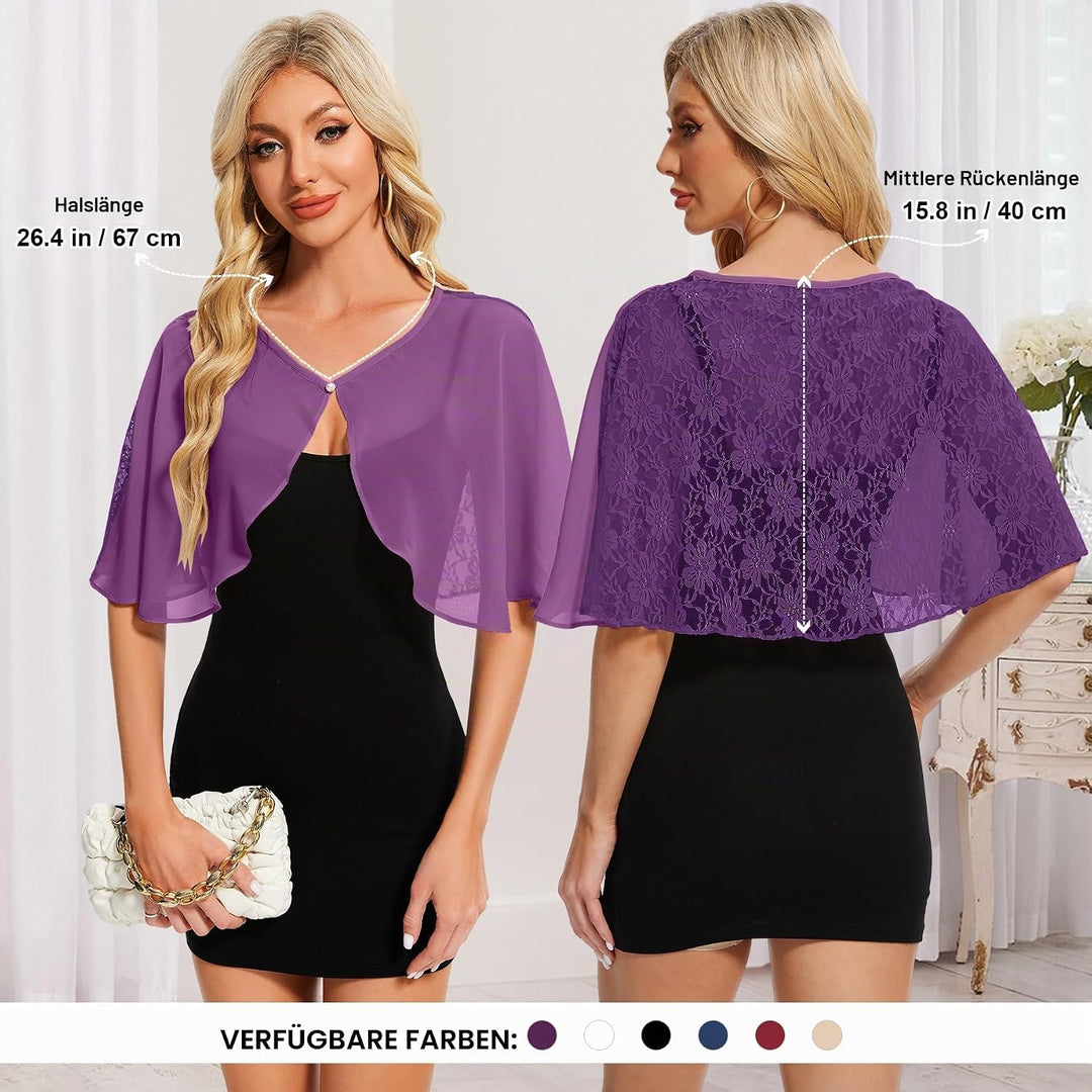 Damen Spitzen Schal Stola Chiffon Umhang Cape Capelets für Hochzeit Abendkleid Braut Party Elegant S