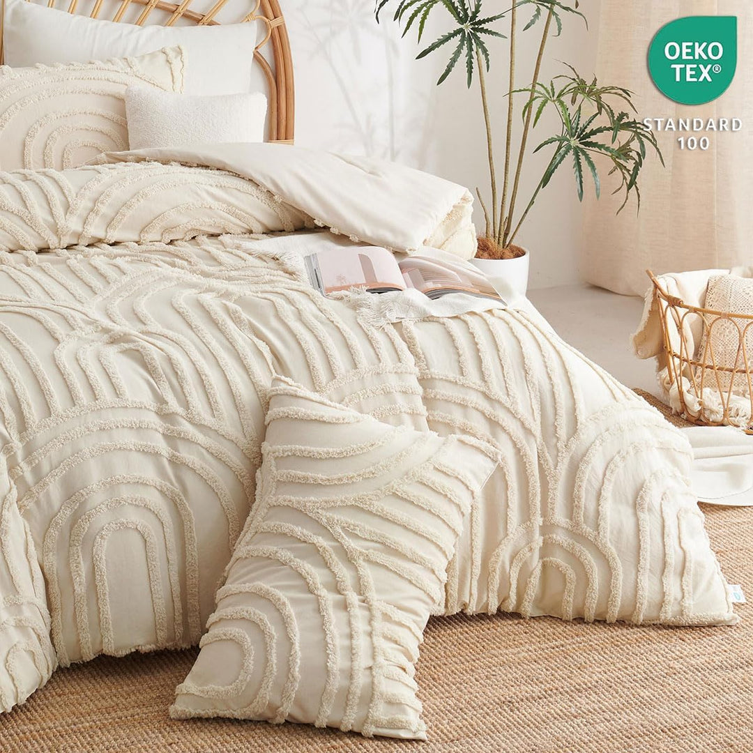 Lanqinglv Beige Bettwäsche 200x220cm Boho Getuftet Exquisite Handgefertigt Stickerei Geometrisch Chi