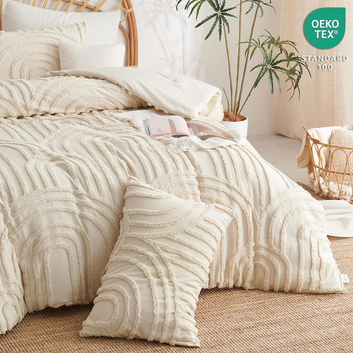 Lanqinglv Beige Bettwäsche 200x220cm Boho Getuftet Exquisite Handgefertigt Stickerei Geometrisch Chi