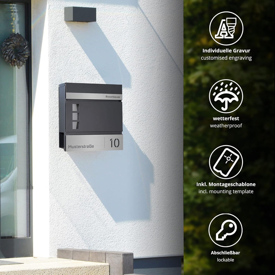 Forgard Briefkasten Anthrazit mit Zeitungsfach (RAL 7016), personalisiert, Postkasten Modern aus Zin