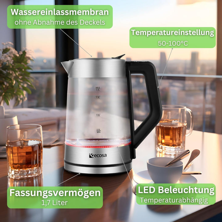 Glas Wasserkocher 1,7 Liter | 2200 Watt | Edelstahl mit Temperaturwahl | Teekocher | 100% BPA FREI |