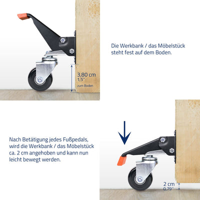 HMF 6750 Schwerlastrollen absenkbar für Werkbank | 4 Stück | 65 mm | bis 300 kg | Schwarz