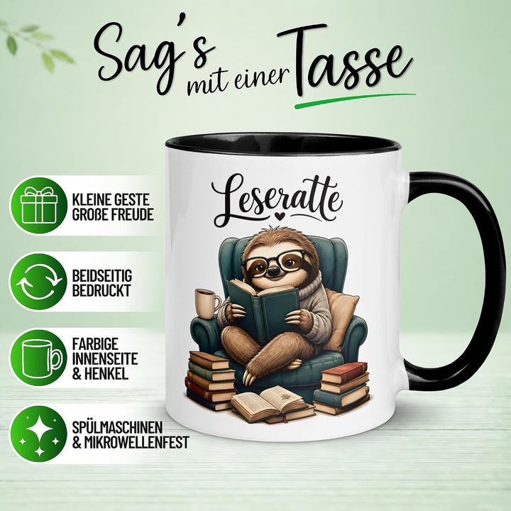 Faultier Tasse | Faultier mit Buch im Sessel | Lustiger Geschenk Becher für Leseratten und Bücherwur