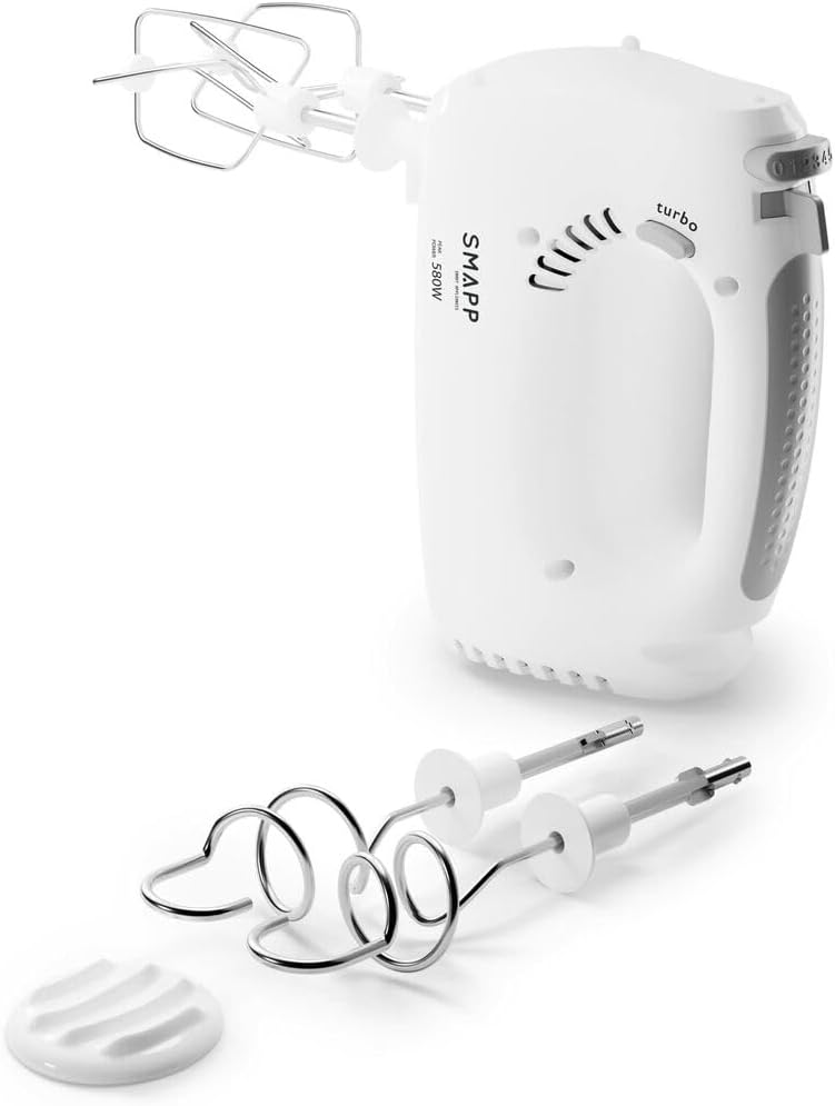 SMAPP 451.4 Handmixer, 580W, Weiss Küchenmixer, 5 Geschwindigkeiten + Turbo Boost, 2 Rührbesen und 2