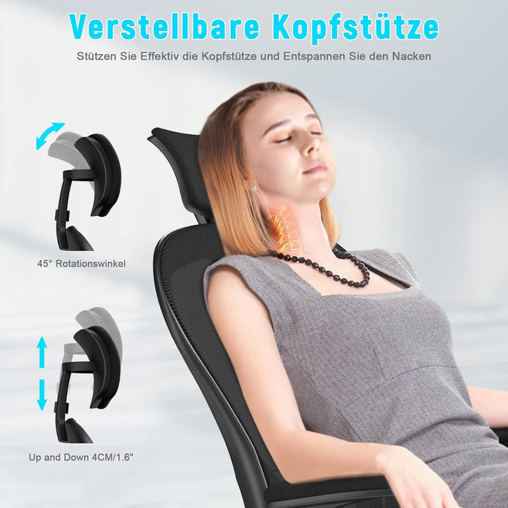 rattantree Bürostuhl, Schreibtischstuhl mit Verstellbarer Kopfstütze, Armlehnen und Lendenwirbelstüt