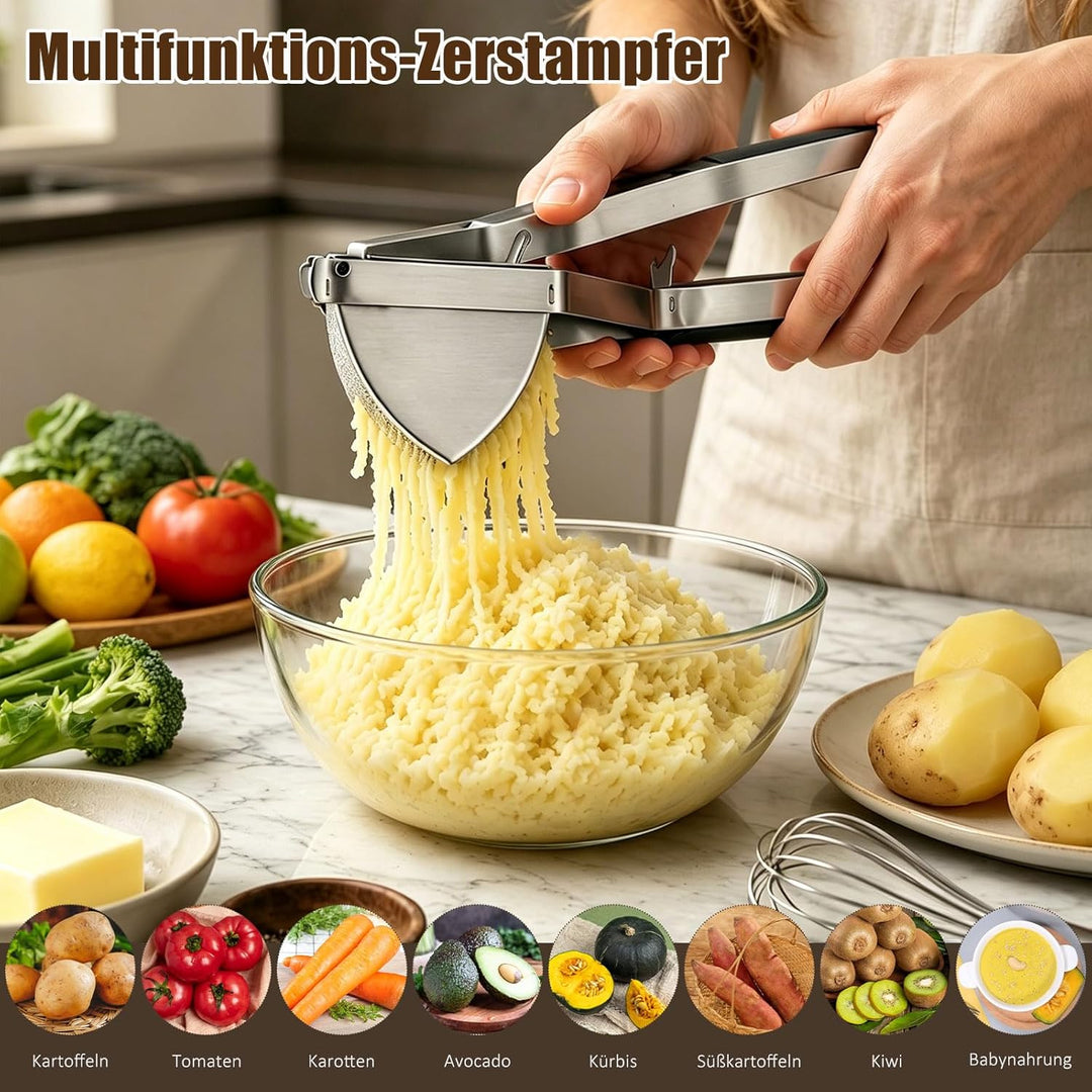 Kartoffelstampfer Edelstahl Set – Kartoffelpresse mit 650ml Fassungsvermögen, inkl. Schäler, Reinigu