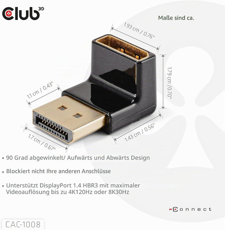 Club3D CAC-1008 DisplayPort Stecker auf DisplayPort 1.4 Buchse 90 Grad abgewinkelter Adapter 4K120Hz