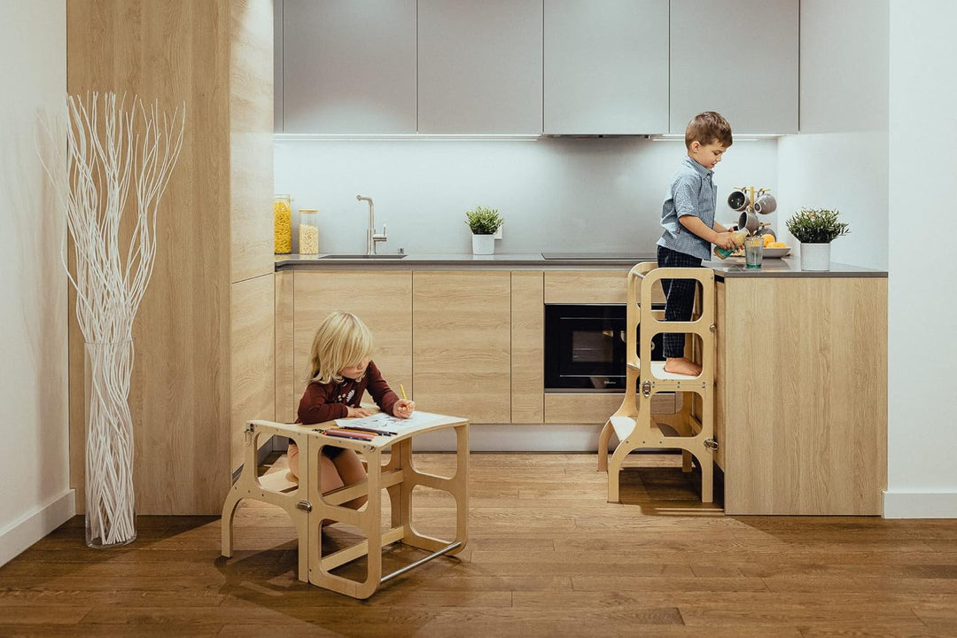 Klappbarer Lernturm mit Sitzfunktion, 45 cm Stehhöhe, Step’n’Sit, Lernturm mit Sitz und Tisch umklap