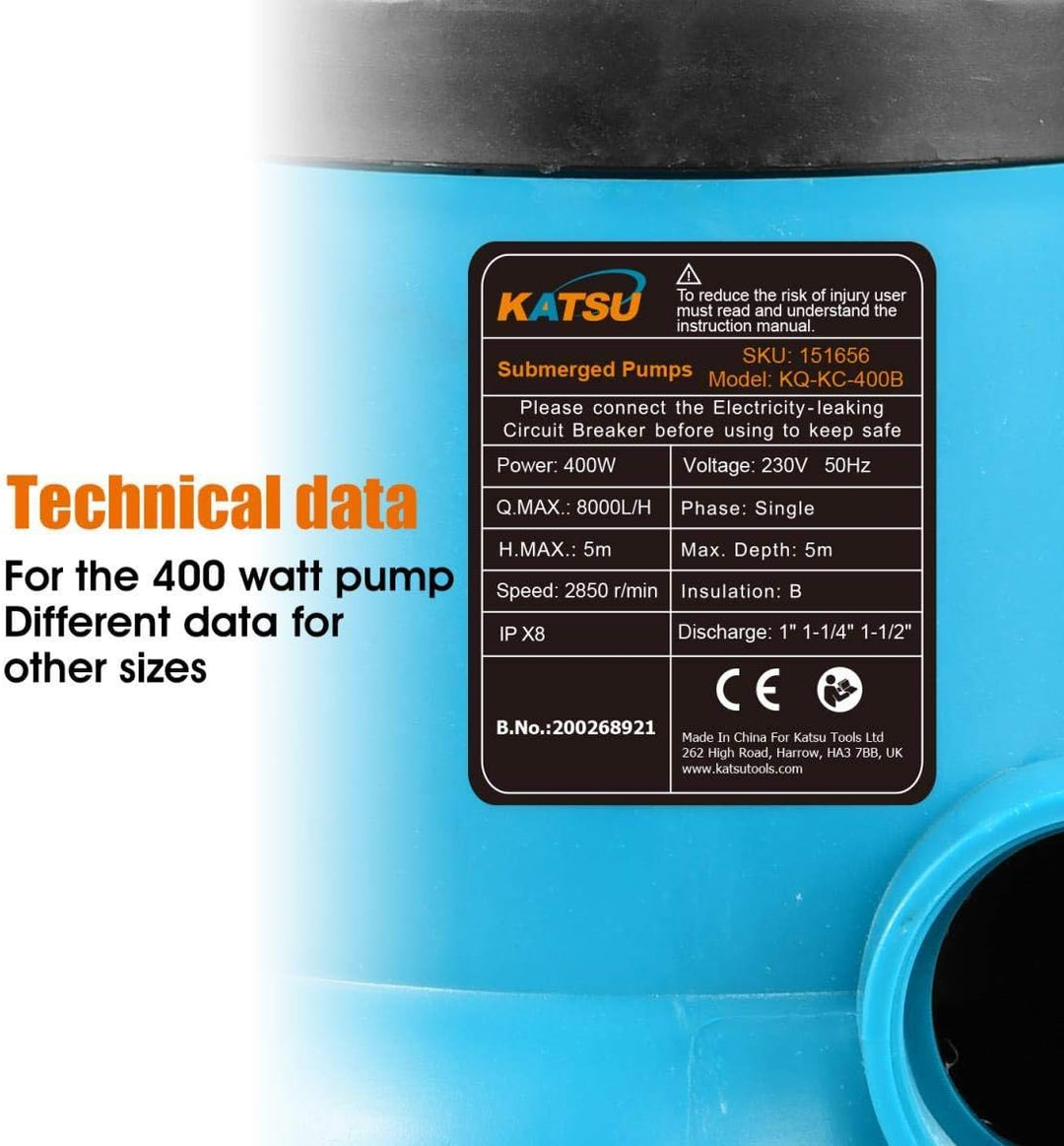 KATSU 400W Tragbare Tauchpumpe für sauberes und schmutziges Wasser für Gartenteich, Pools und Gräben