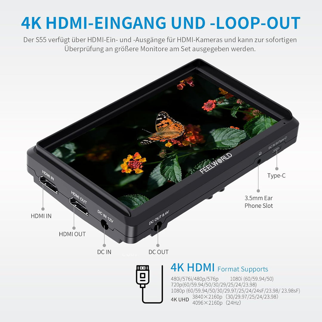 Feelworld S55 5.5 Zoll DSLR Kamera Field Monitor Small Full HD 3DLUT 1920x1152 IPS Peaking Focus Vid