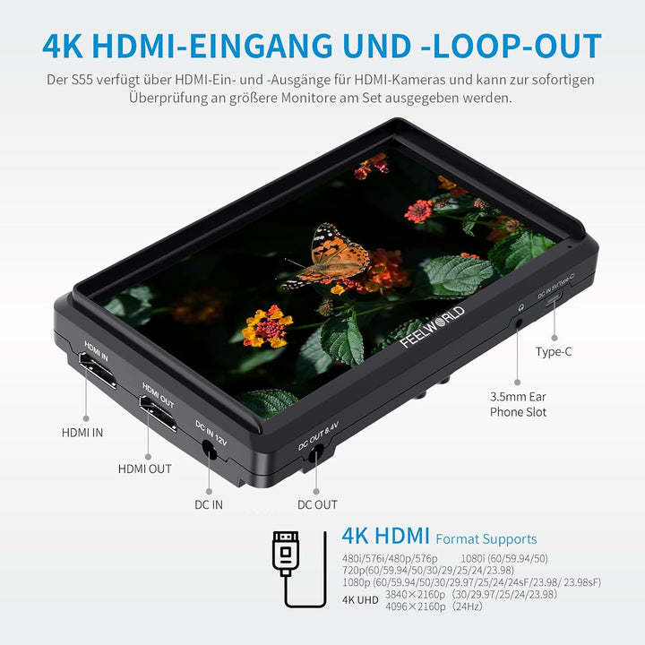 Feelworld S55 5.5 Zoll DSLR Kamera Field Monitor Small Full HD 3DLUT 1920x1152 IPS Peaking Focus Vid