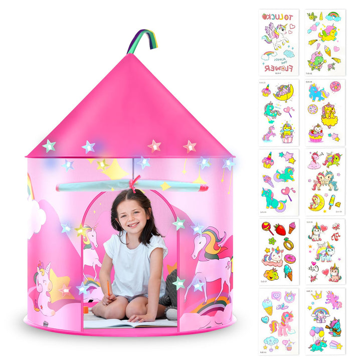 HOTUT Kinder Spielzelt, Prinzessin Zelt Rosa, Kinderzelt Indoor Outdoor mit lichtern und Aufkleber,