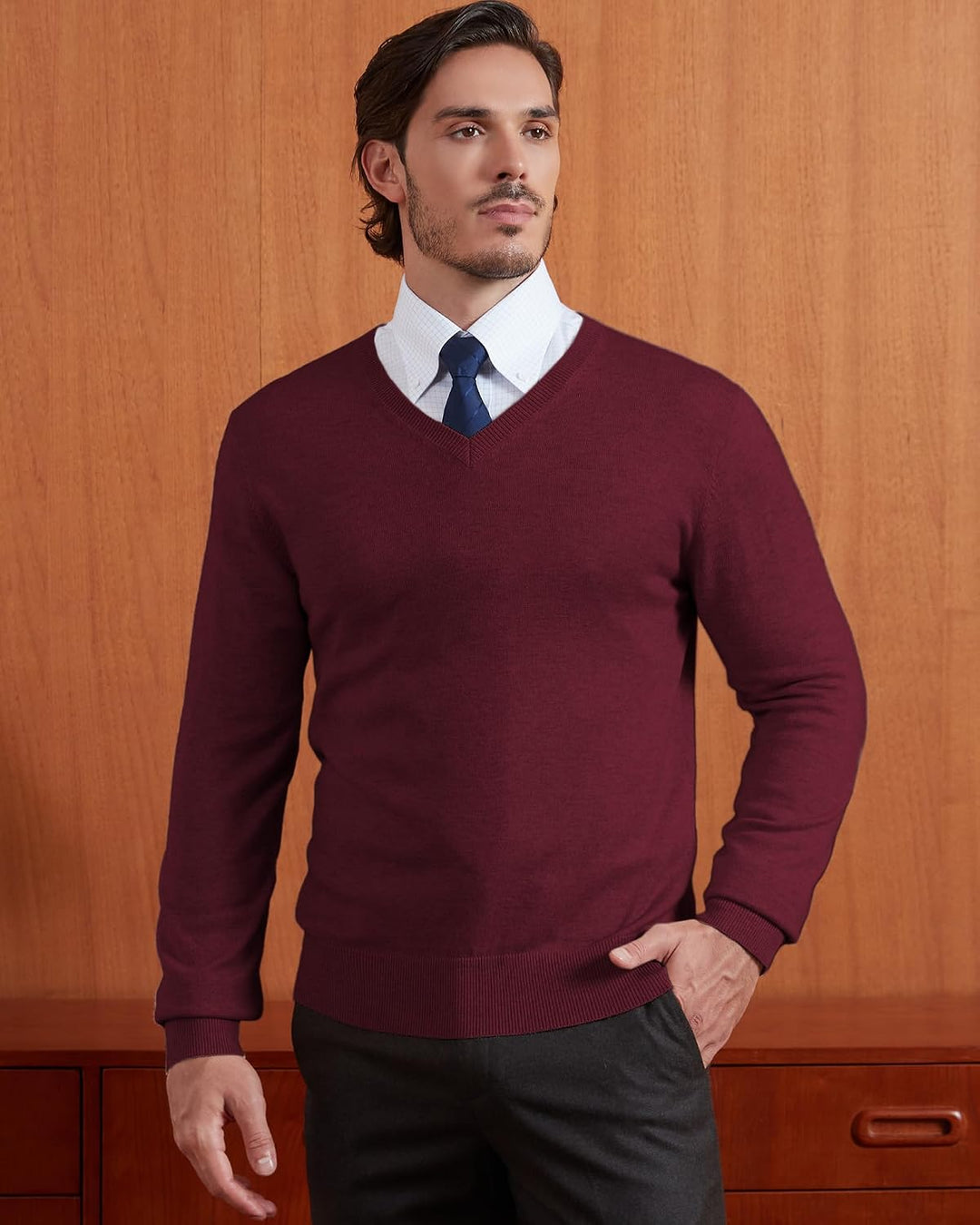 Kallspin Herren Strickpullover aus Wollmischung V-Ausschnitt Langarm Comfort Fit Pullover XXL Burgun