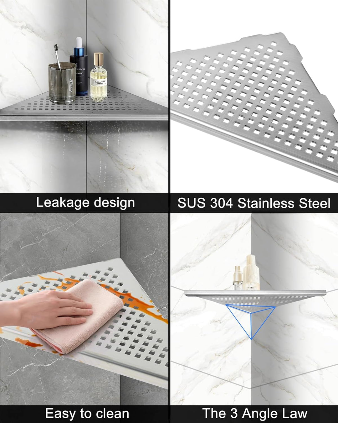 Eckablage Duschablage 304 Edelstahl ohne Bohren für Badezimmer Shampoo Halter 253 * 253 * 355mm (Sil