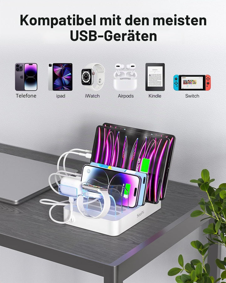 SooPii USB-Ladestation Organizer für mehrere Geräte, 6 Ports 50W Ladestation mit 6 Kabeln und aktual