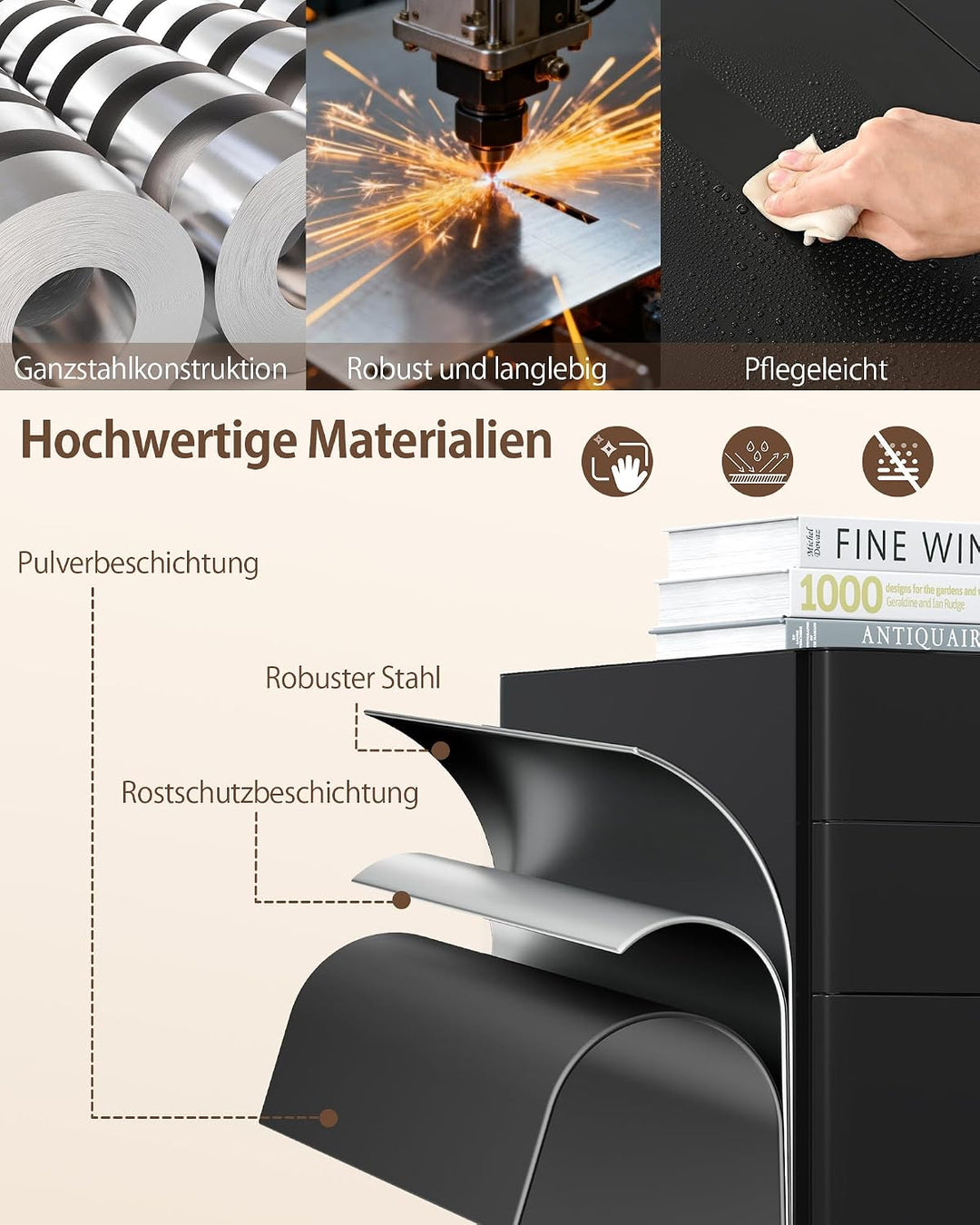 Rollcontainer, Mobiler Aktenschrank mit Schloss, Abgerundeten Ecken, 4 Schlüssel, Druckertisch, Bere