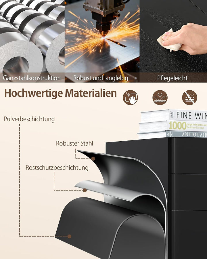Rollcontainer, Mobiler Aktenschrank mit Schloss, Abgerundeten Ecken, 4 Schlüssel, Druckertisch, Bere