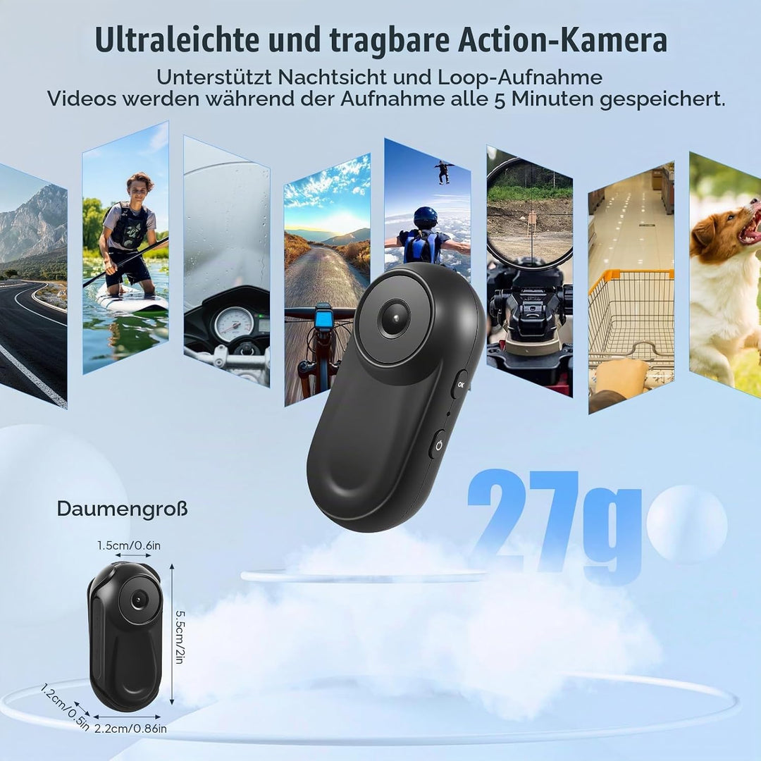 Mini Action Cam mit 64G Speicherkarte, 1080P HD und 130° Weitwinkel, Tragbare Kabellose Magnet Actio