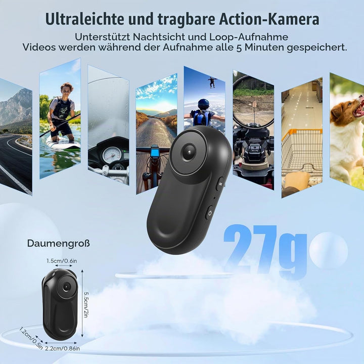 Mini Action Cam mit 64G Speicherkarte, 1080P HD und 130° Weitwinkel, Tragbare Kabellose Magnet Actio