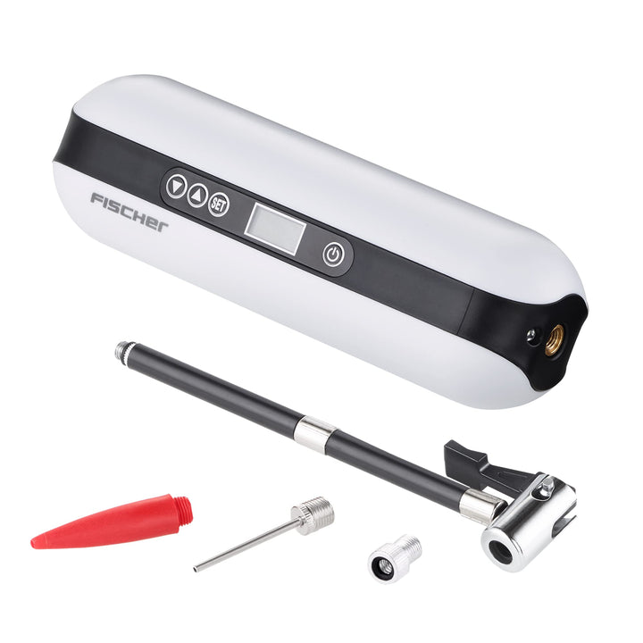 FISCHER 50375 Akkukompressor, elektrische Luftpumpe 10,3 Bar, Powerbank und Taschenlampe, für Fahrra