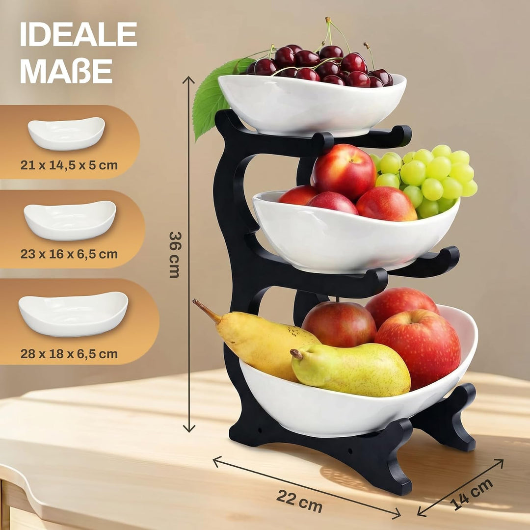 Obstetagere 3 Etagen aus Keramik | Moderner Obstkorb mit schwarzem Holzrahmen, Ø 30 cm Basis | Stilv
