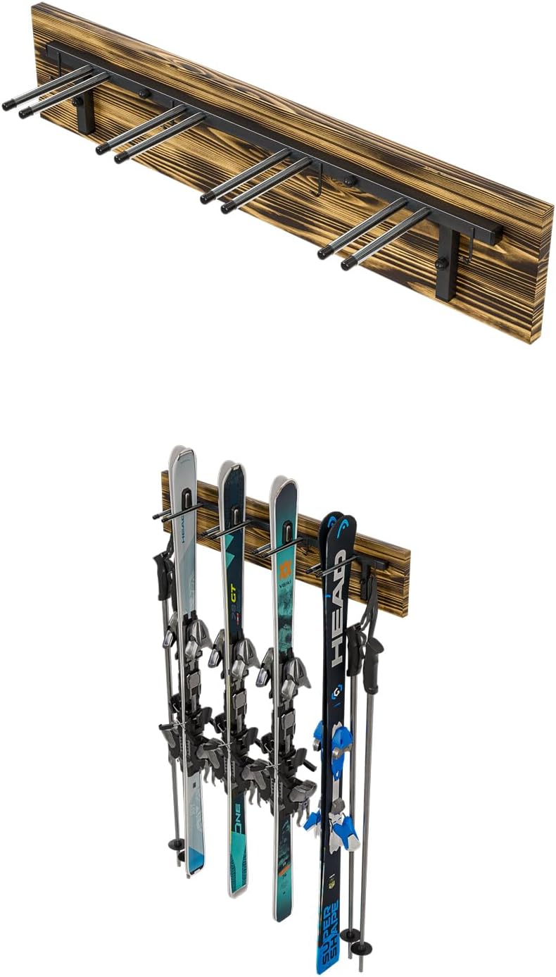 QLS Skihalterung S3 Wand Skihalter für 4 Paare 83 cm Stahl Holz hölzerne Hakenleiste Nordic Walking