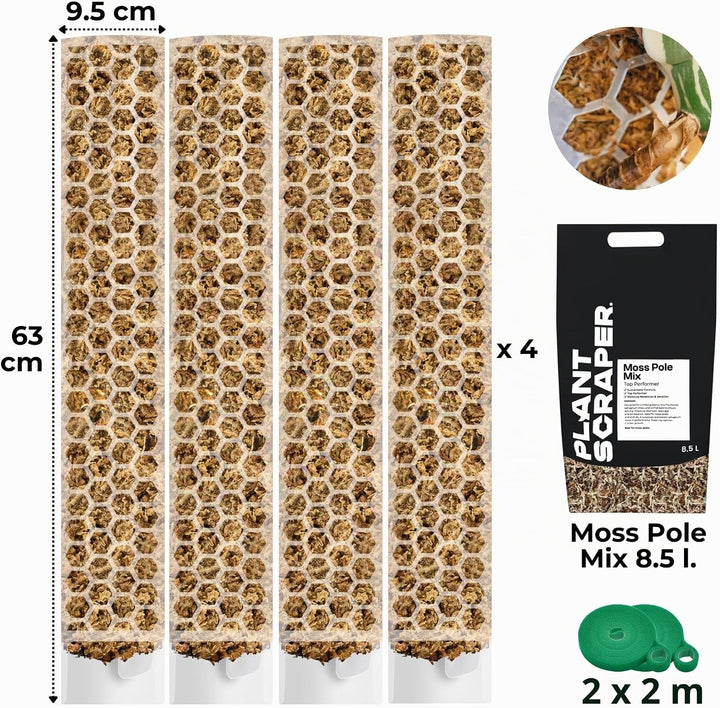 XL Moosstab für Monstera 4 Stück 63 x 9.5 cm - Erweiterbare Rankhilfe &amp; Zubehör-Set - Pflanzstäbe mi