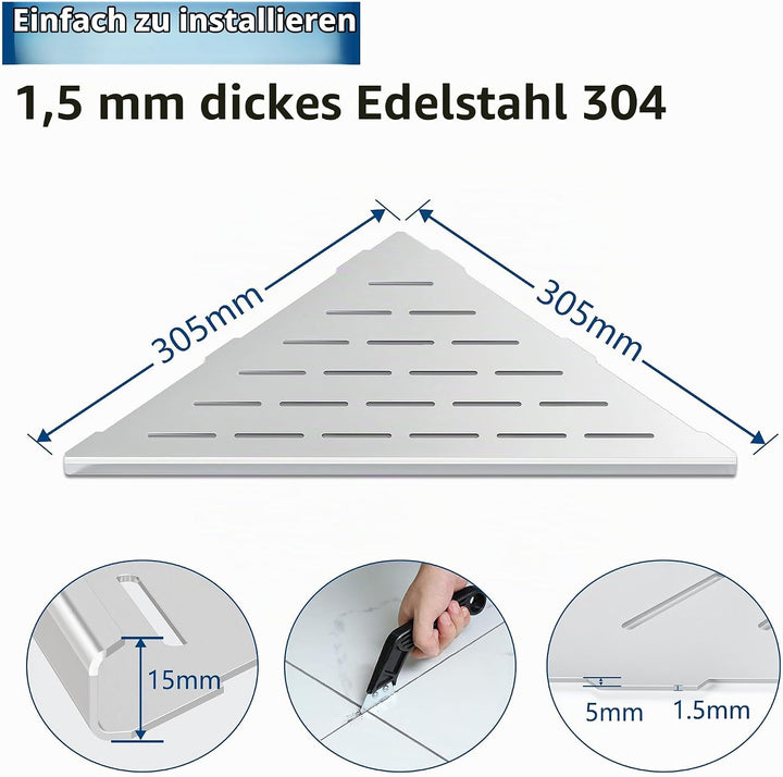 Neodrain Eck-Duschablage 304 Edelstahl Duschregal ohne Bohren 305mm Duschkorb Platzsparend für Gefli