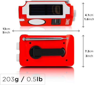 Duronic Hybrid Radio AM/FM - Aufladbar mit Solar, Kurbel und USB - 300mAh Akku - Bis zu 7h Musik mit