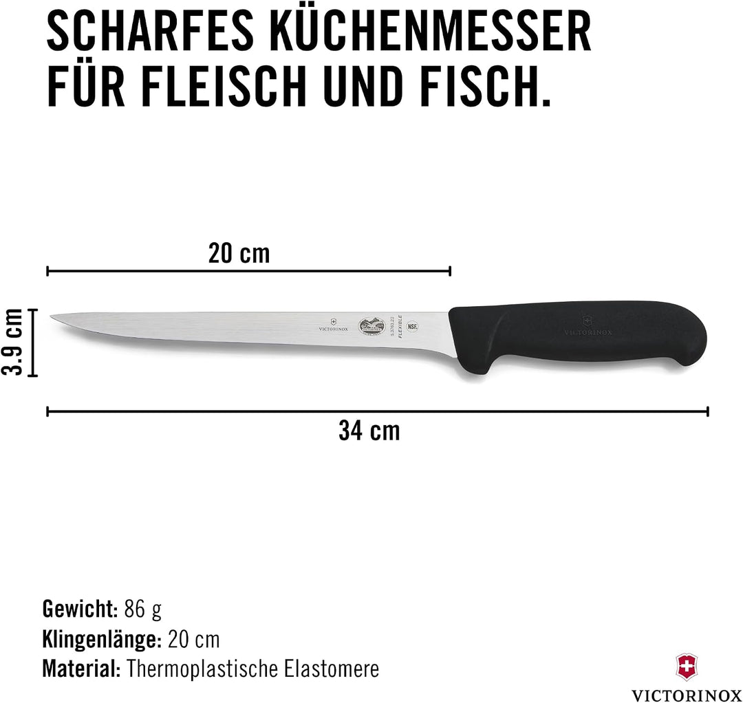 Victorinox Fibrox Filetiermesser, Scharfes Küchenmesser für Fleisch und Fisch, 20 cm, Gerade Klinge,