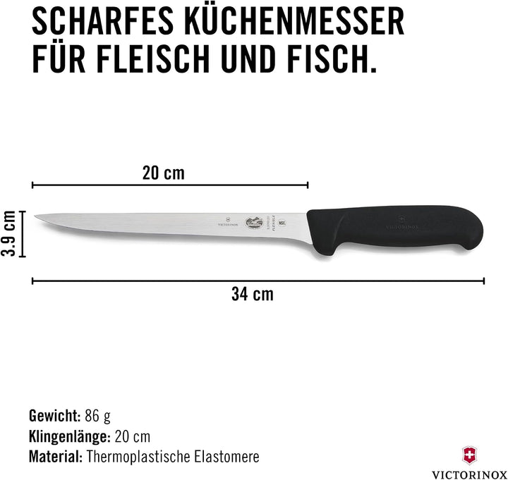Victorinox Fibrox Filetiermesser, Scharfes Küchenmesser für Fleisch und Fisch, 20 cm, Gerade Klinge,