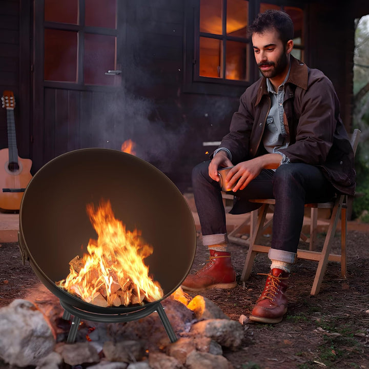 UISEBRT Runde Feuerschale 60 cm aus Stahl tragbare Feuerstelle mit Holzrost und Zubehör ideal für Ga