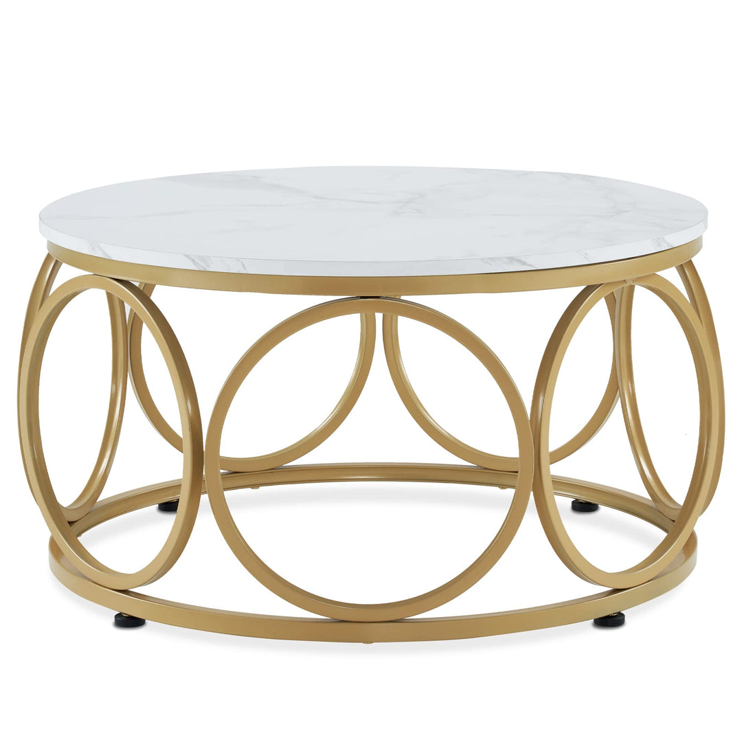 M MCombo Couchtisch Rund Holz, Modern Sofatisch Marmor Weiss Gold, Klein Kaffeetisch Metallgestell,