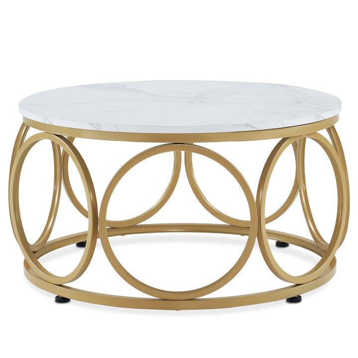 M MCombo Couchtisch Rund Holz, Modern Sofatisch Marmor Weiss Gold, Klein Kaffeetisch Metallgestell,