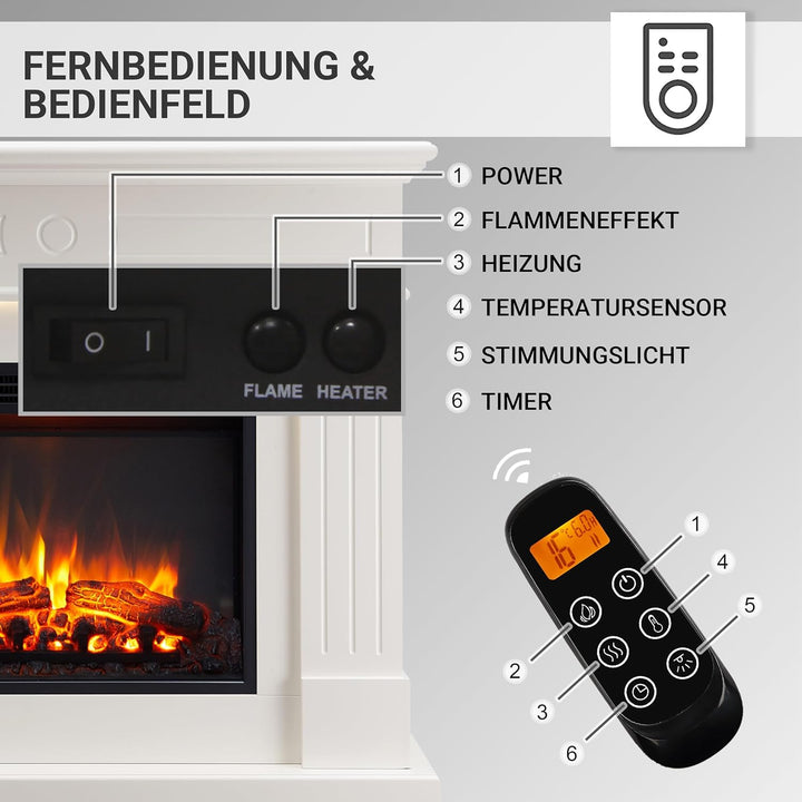 CrownFlame Leandros Elektrokamin - Elektrischer Standkamin mit Heizung 1000/2000 W, realistischer 3D