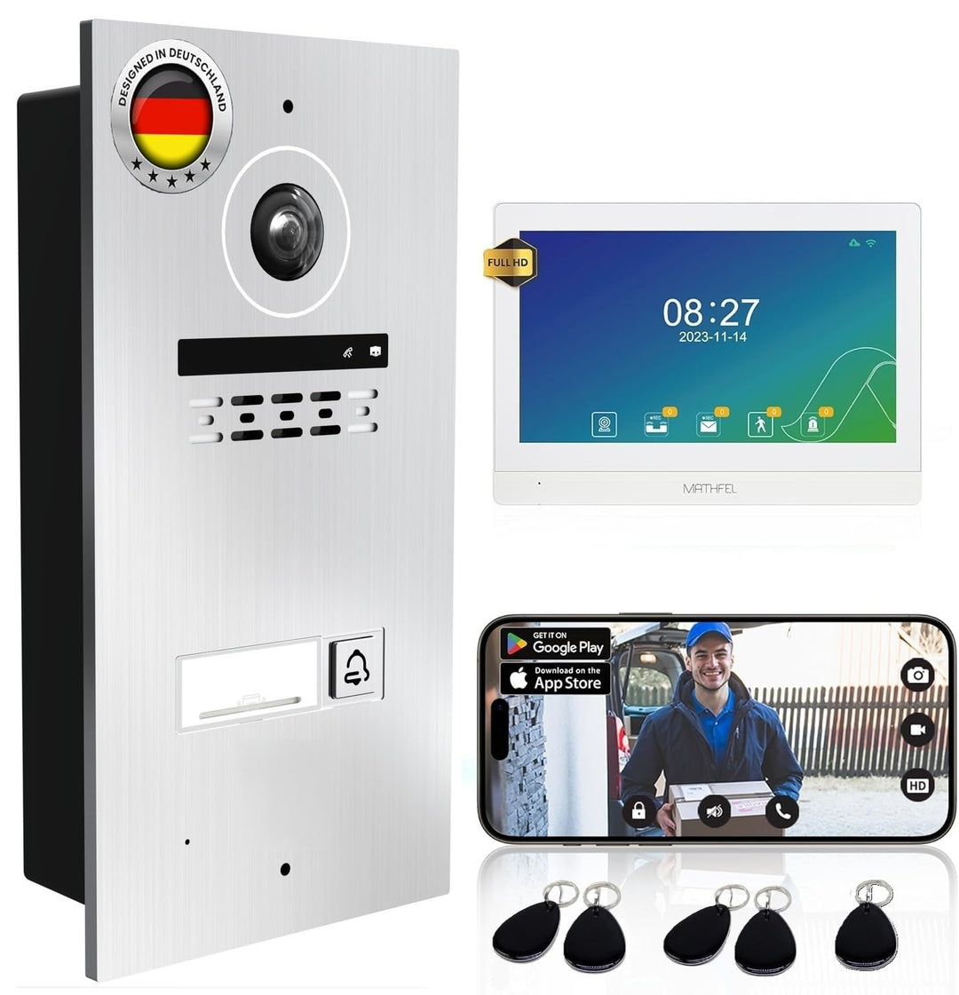MATHFEL 1 Familienhaus 2 Draht Bus WLAN Video-Türsprechanlage, 3x10 Zoll Monitor mit Full HD 2 Megap