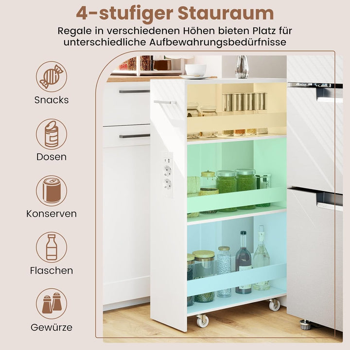 COSTWAY Nischenwagen 20cm breit, 4 Etagen Küchenwagen schmal mit Ladestation, Nischenregal auf Rolle
