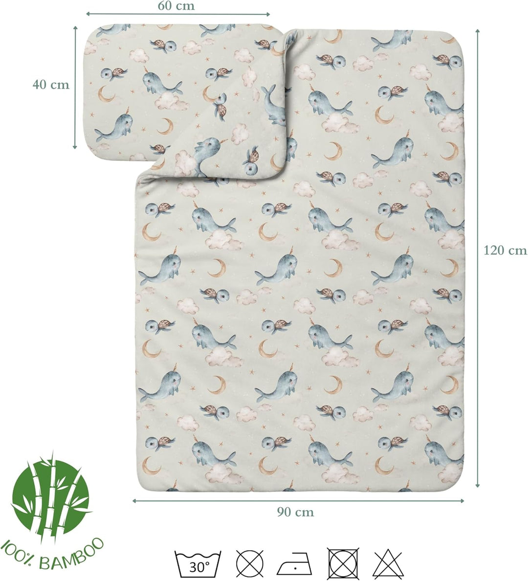 Waldin Baby Kinder Bettwäscheset 100% Bambus, ohne Bezug, Hypoallergen, Decke und Kissen, Wale/Olive