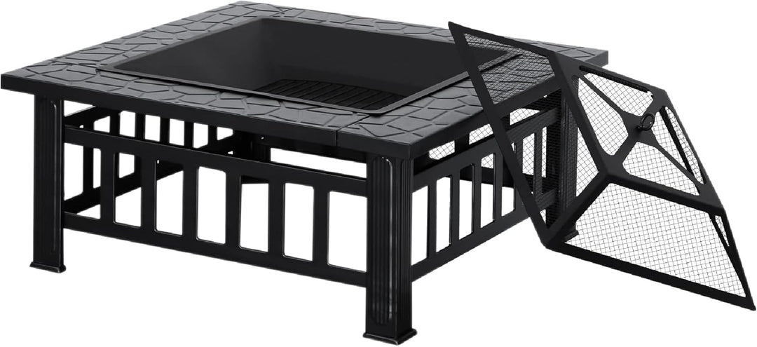 M MCombo Feuerschale mit Grillrost & Funkenschutz, Feuerkorb mit Schürhaken, Feuerstelle für Garten,