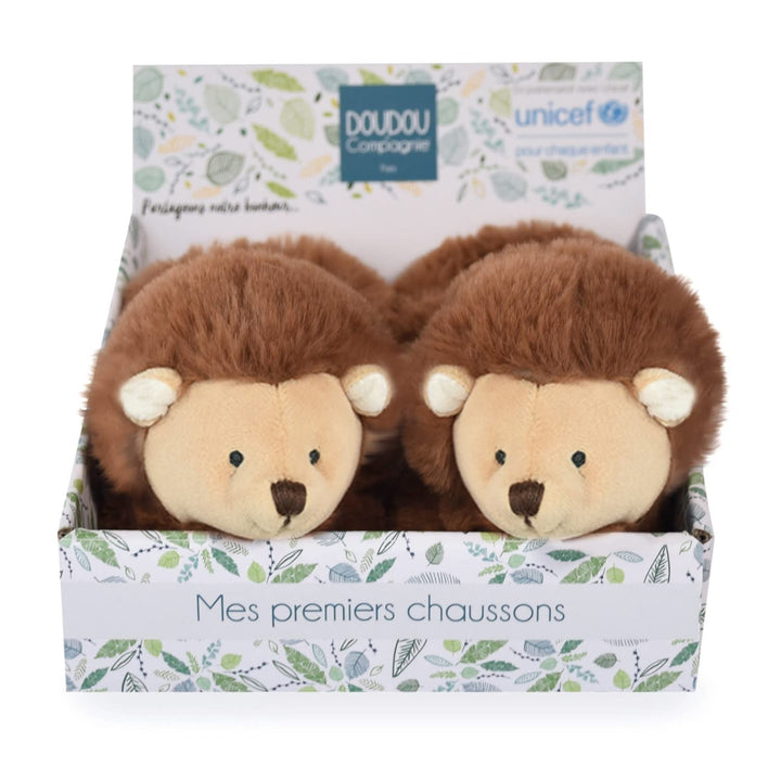 Doudou et Compagnie – Hausschuhe Igel – Unicef – Braun – offene Box – integrierte Rassel – Geschenki