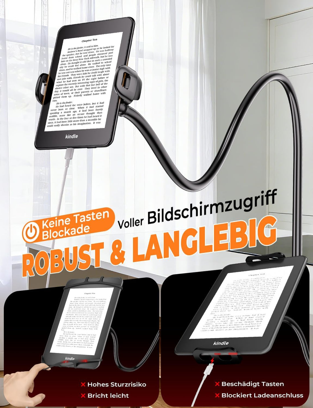 Schwanenhals Kindle & Handy halterung Bett: eReader Handyhalter für Tisch, Flexible Arm Verstellbare