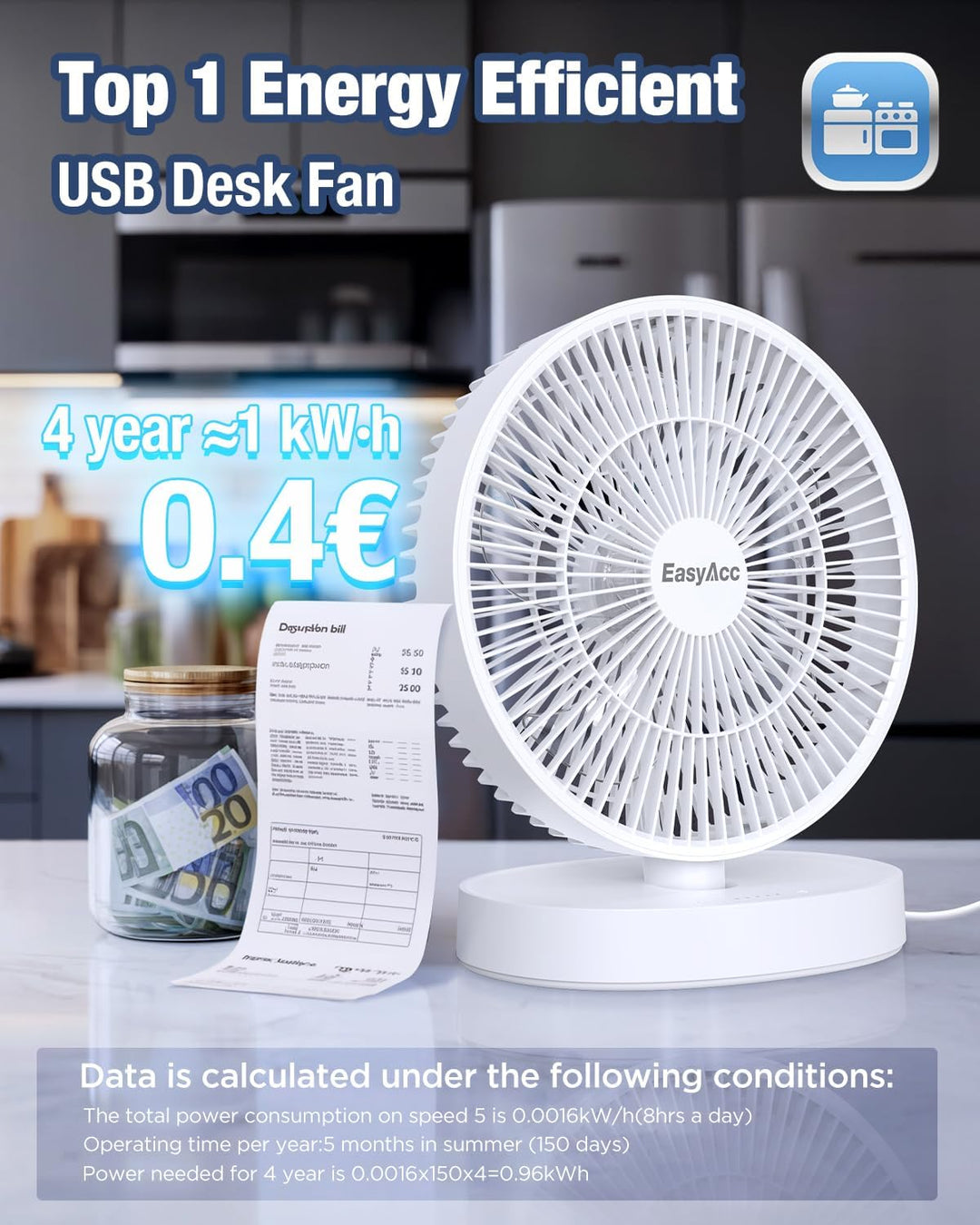 EasyAcc 9 Zoll USB Tischventilator mit Luftzirkulation|Wasserdichtig IP 67|Starker Wind|24 dB Super