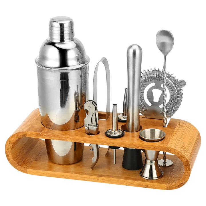 Hochwertiges Cocktailshaker Set, Cocktailmixer Set, 10 Teileig, aus Edelstahl, mit Bambus-Aufbewahru