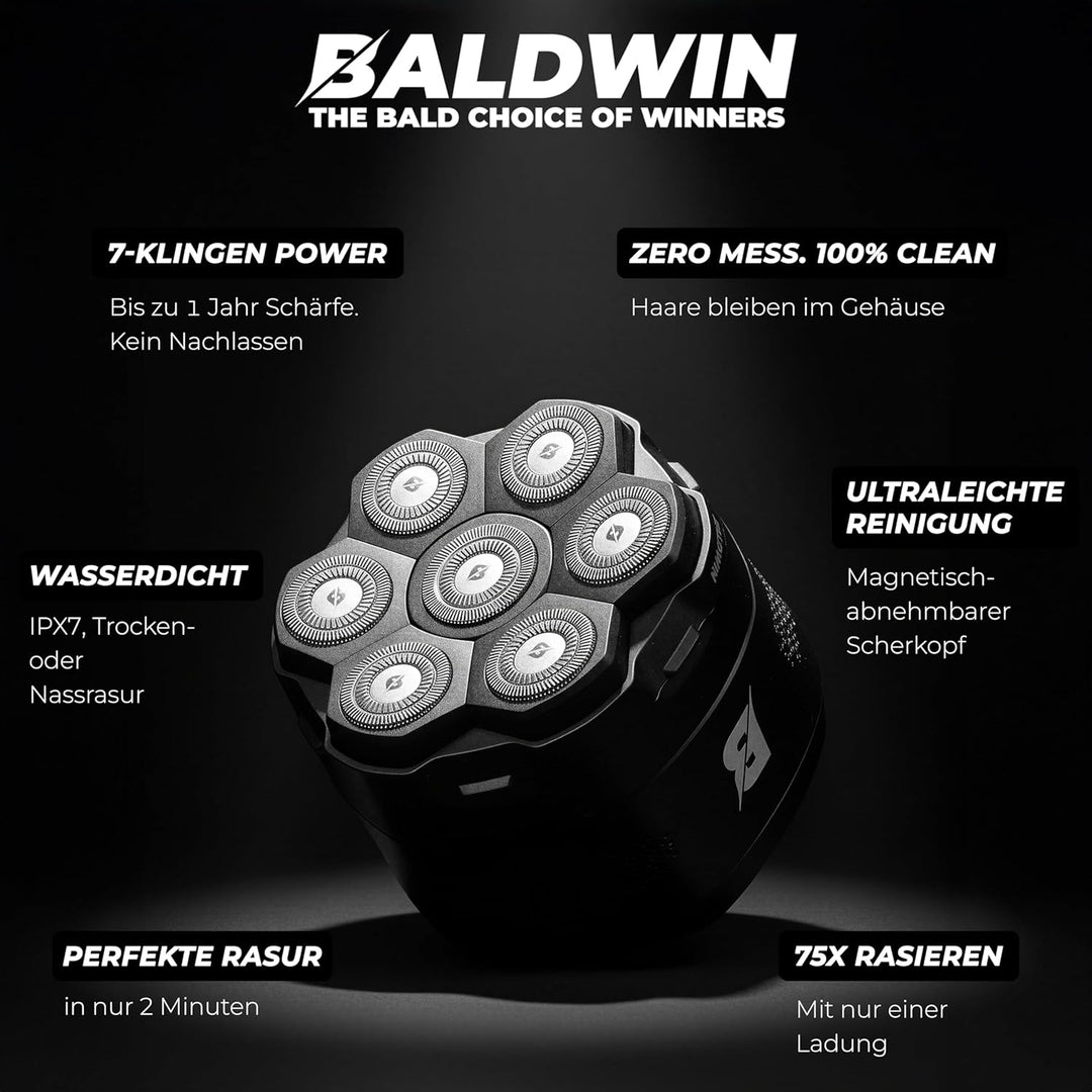 BALDWIN Glatzen Rasierer Herren – Glatzenrasierer 7D mit Magnetischen Scherkopf | Kopfrasierer Glatz