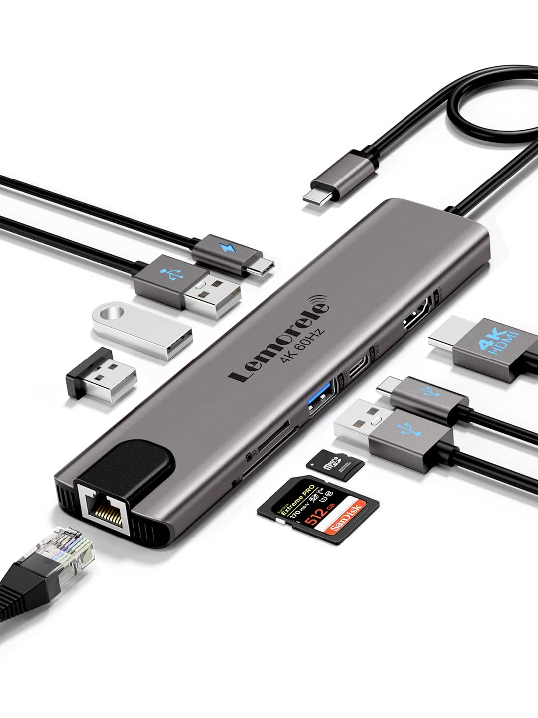 Lemorele Aluminiumgehäuse USB-C Hub Docking Station11-in-1-4K@60Hz HDMI, Gigabit Ethernet, 100W PD,